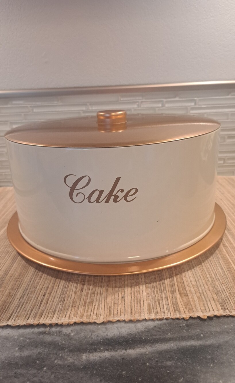 Vtg Decoware Cake Carrier Copper / White Metal Tin